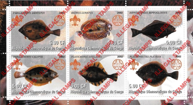 Congo Democratic Republic 2002 Fish Flounders Illegal Stamp Souvenir Sheet of 6 Congo Democratic Republic 2002 Fish Flounders Illegal Stamp Souvenir Sheet of 6