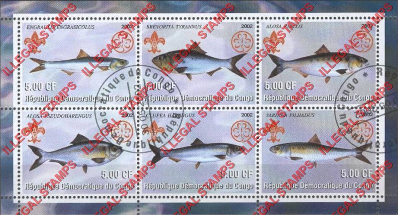 Congo Democratic Republic 2002 Fish Herrings Illegal Stamp Souvenir Sheet of 6 Congo Democratic Republic 2002 Fish Herrings Illegal Stamp Souvenir Sheet of 6