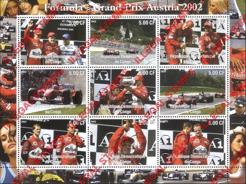 Congo Democratic Republic 2002 Formula I Illegal Stamp Sheet of 9 Congo Democratic Republic 2002 Formula I Illegal Stamp Sheet of 9