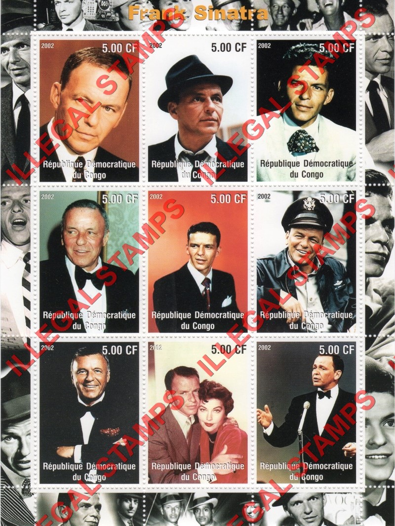 Congo Democratic Republic 2002 Frank Sinatra Illegal Stamp Sheet of 9 Congo Democratic Republic 2002 Frank Sinatra Illegal Stamp Sheet of 9