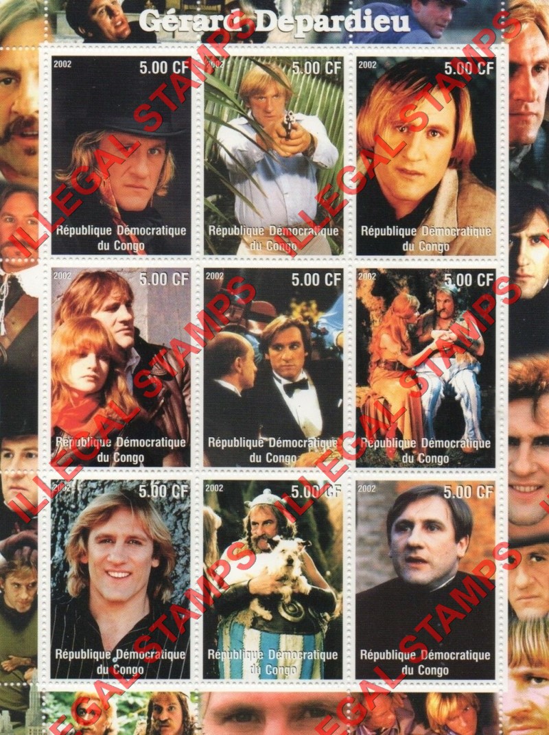 Congo Democratic Republic 2002 Gerard Depardieu Illegal Stamp Sheet of 9 Congo Democratic Republic 2002 Gerard Depardieu Illegal Stamp Sheet of 9