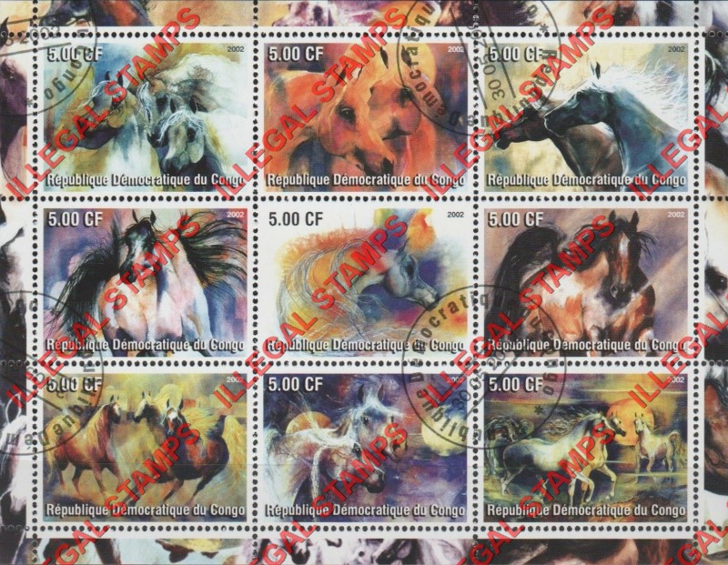 Congo Democratic Republic 2002 Horses Illegal Stamp Sheet of 9 Congo Democratic Republic 2002 Horses Illegal Stamp Sheet of 9