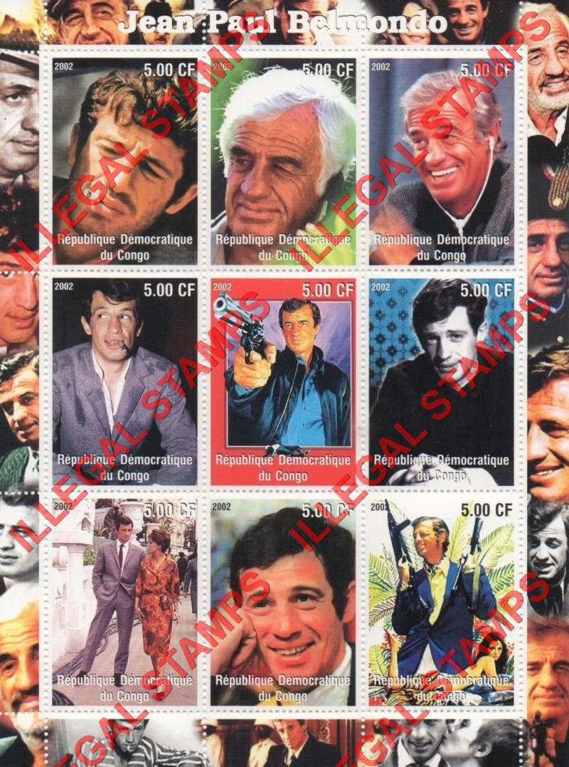 Congo Democratic Republic 2002 Jean Paul Belmondo Illegal Stamp Sheet of 9 Congo Democratic Republic 2002 Jean Paul Belmondo Illegal Stamp Sheet of 9