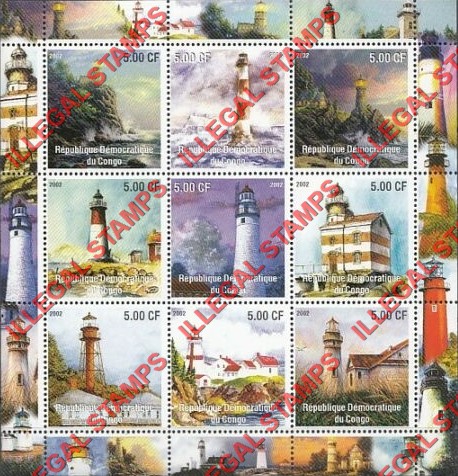Congo Democratic Republic 2002 Lighthouses Illegal Stamp Sheet of 9 Congo Democratic Republic 2002 Lighthouses Illegal Stamp Sheet of 9