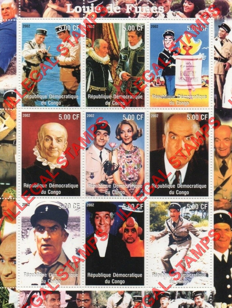 Congo Democratic Republic 2002 Louis de Funes Illegal Stamp Sheet of 9 Congo Democratic Republic 2002 Louis de Funes Illegal Stamp Sheet of 9