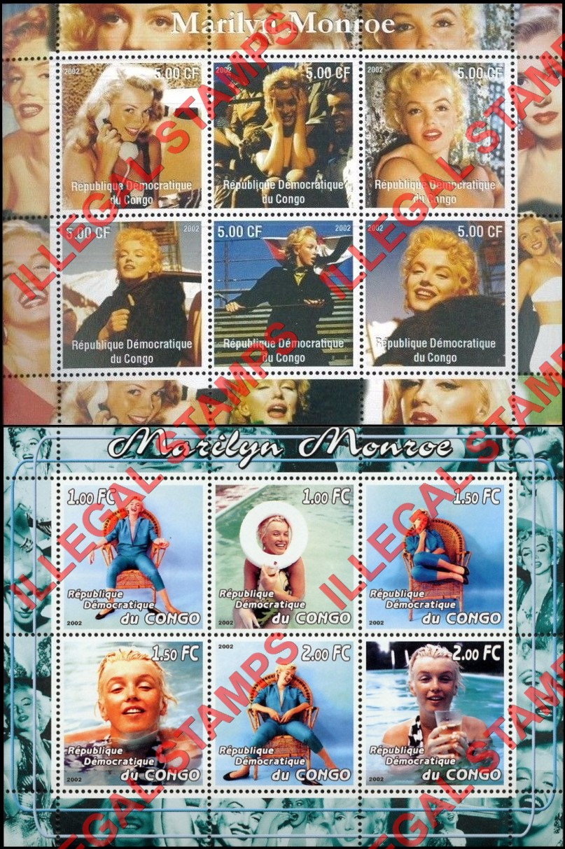 Congo Democratic Republic 2002 Marilyn Monroe Illegal Stamp Souvenir Sheets of 6 Congo Democratic Republic 2002 Marilyn Monroe Illegal Stamp Souvenir Sheets of 6