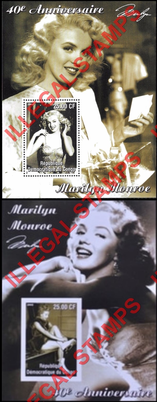 Congo Democratic Republic 2002 Marilyn Monroe Illegal Stamp Souvenir Sheets of 1 (Part 1) Congo Democratic Republic 2002 Marilyn Monroe Illegal Stamp Souvenir Sheets of 1 (Part 1)