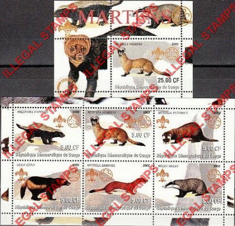Congo Democratic Republic 2002 Martens Illegal Stamp Souvenir Sheets of 6 and 1 Congo Democratic Republic 2002 Martens Illegal Stamp Souvenir Sheets of 6 and 1