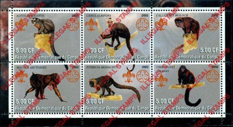 Congo Democratic Republic 2002 Monkeys Illegal Stamp Souvenir Sheet of 6 Congo Democratic Republic 2002 Monkeys Illegal Stamp Souvenir Sheet of 6
