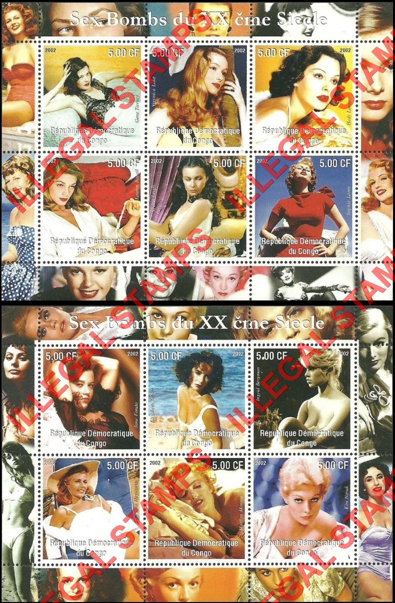 Congo Democratic Republic 2002 Movie Stars Sex Bombs Illegal Stamp Souvenir Sheets of 6 Congo Democratic Republic 2002 Movie Stars Sex Bombs Illegal Stamp Souvenir Sheets of 6