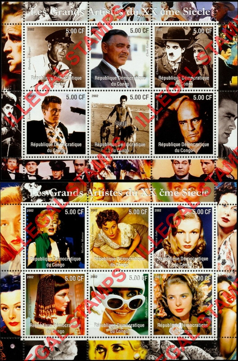 Congo Democratic Republic 2002 Movie Stars Illegal Stamp Souvenir Sheets of 6 Congo Democratic Republic 2002 Movie Stars Illegal Stamp Souvenir Sheets of 6