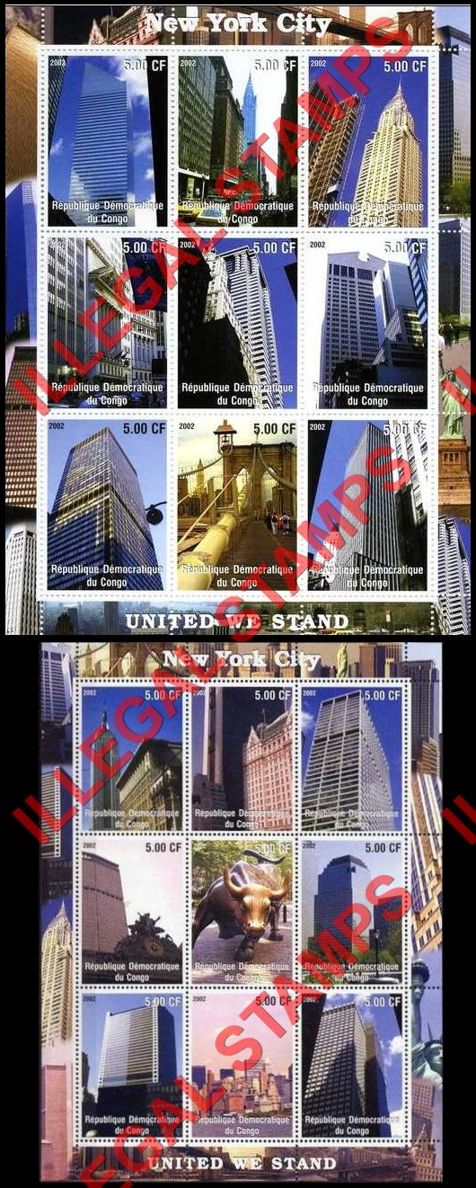 Congo Democratic Republic 2002 New York City Illegal Stamp Sheets of 9 Congo Democratic Republic 2002 New York City Illegal Stamp Sheets of 9