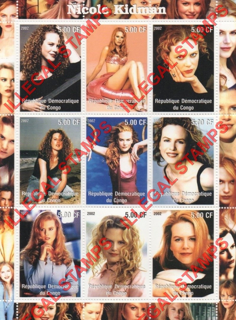 Congo Democratic Republic 2002 Nicole Kidman Illegal Stamp Sheet of 9 Congo Democratic Republic 2002 Nicole Kidman Illegal Stamp Sheet of 9