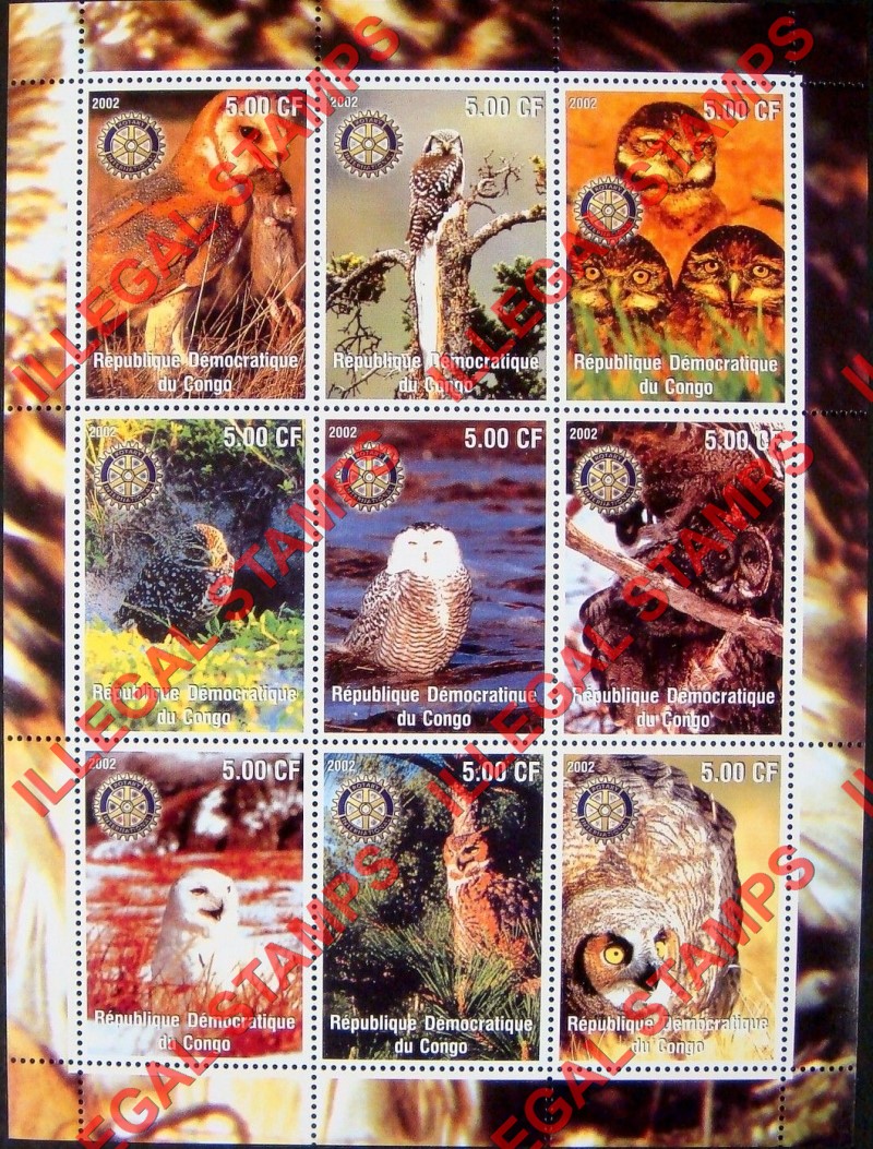 Congo Democratic Republic 2002 Owls Illegal Stamp Sheet of 9 Congo Democratic Republic 2002 Owls Illegal Stamp Sheet of 9