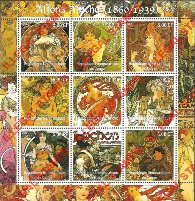 Congo Democratic Republic 2002 Paintings by Alfons Mucha Illegal Stamp Sheet of 9 Congo Democratic Republic 2002 Paintings by Alfons Mucha Illegal Stamp Sheet of 9
