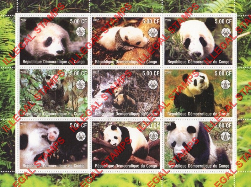 Congo Democratic Republic 2002 Pandas Illegal Stamp Sheet of 9 Congo Democratic Republic 2002 Pandas Illegal Stamp Sheet of 9