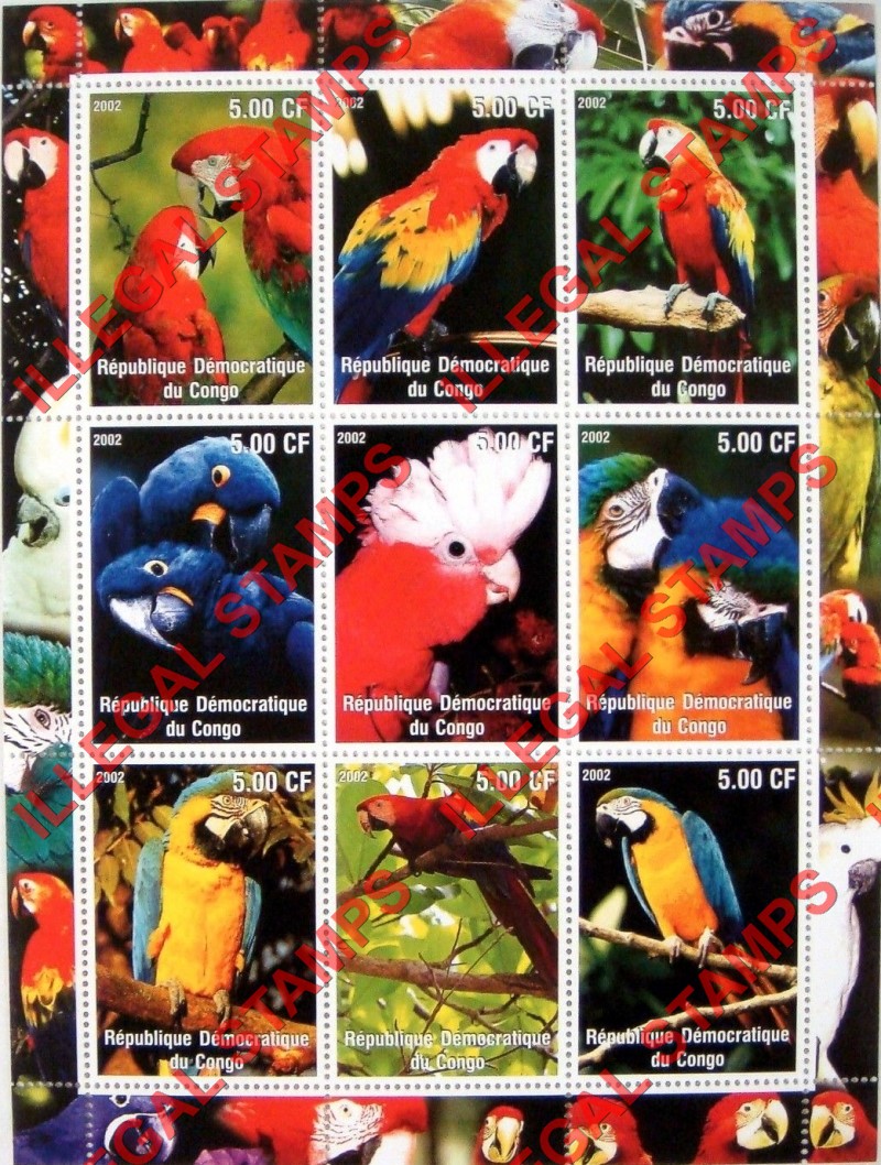 Congo Democratic Republic 2002 Parrots Illegal Stamp Sheet of 9 Congo Democratic Republic 2002 Parrots Illegal Stamp Sheet of 9