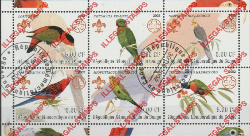 Congo Democratic Republic 2002 Parrots Illegal Stamp Souvenir Sheet of 6 Congo Democratic Republic 2002 Parrots Illegal Stamp Souvenir Sheet of 6