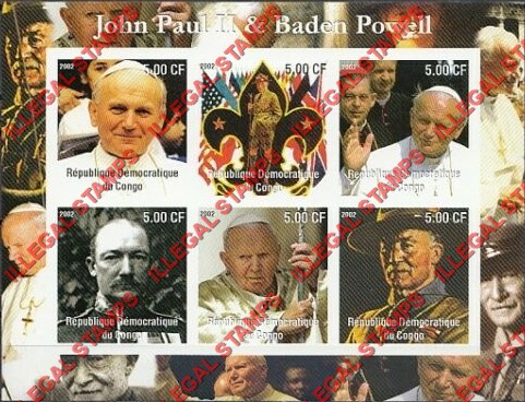 Congo Democratic Republic 2002 Pope John Paul II and Baden Powell Illegal Stamp Souvenir Sheet of 6 Congo Democratic Republic 2002 Pope John Paul II and Baden Powell Illegal Stamp Souvenir Sheet of 6