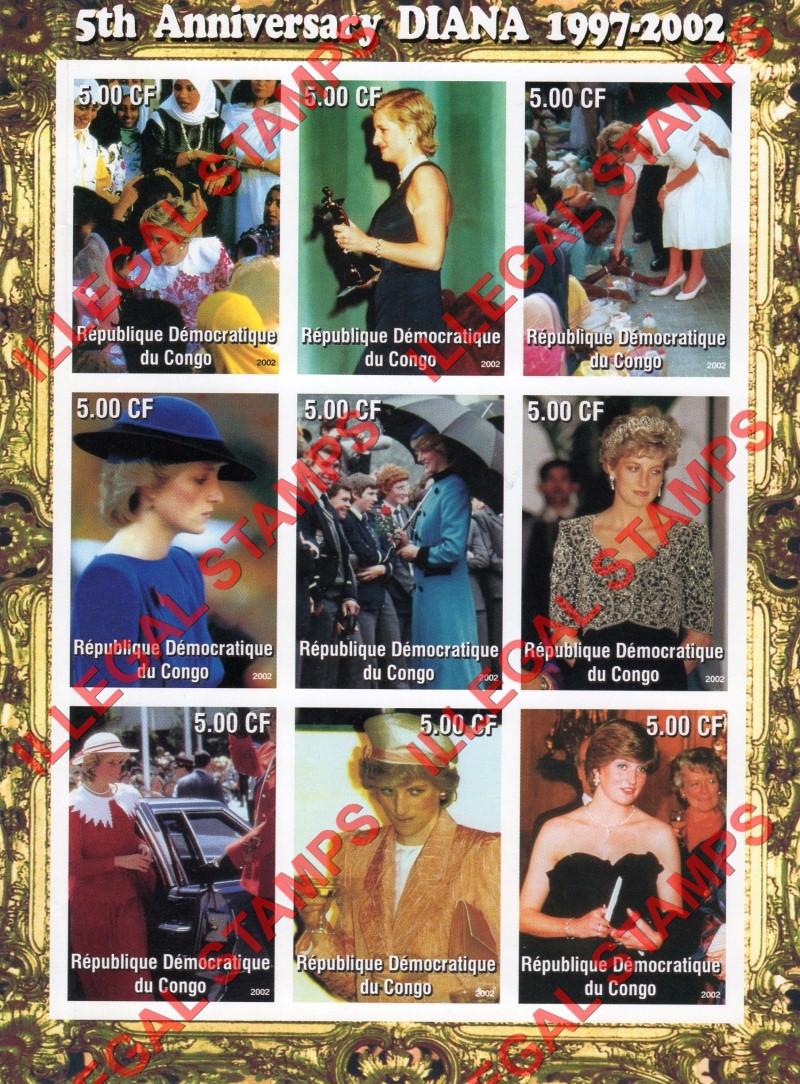 Congo Democratic Republic 2002 Princess Diana Illegal Stamp Sheet of 9 Congo Democratic Republic 2002 Princess Diana Illegal Stamp Sheet of 9