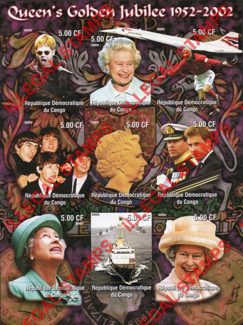 Congo Democratic Republic 2002 Queen Elizabeth II Golden Jubilee Illegal Stamp Sheet of 9 Congo Democratic Republic 2002 Queen Elizabeth II Golden Jubilee Illegal Stamp Sheet of 9
