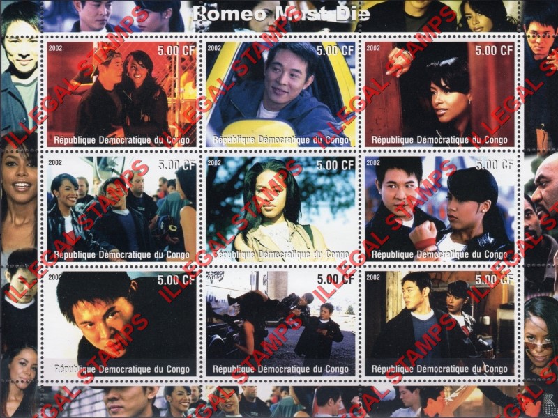 Congo Democratic Republic 2002 Romeo Must Die Starring Jet Lee Illegal Stamp Sheet of 9 Congo Democratic Republic 2002 Romeo Must Die Starring Jet Lee Illegal Stamp Sheet of 9