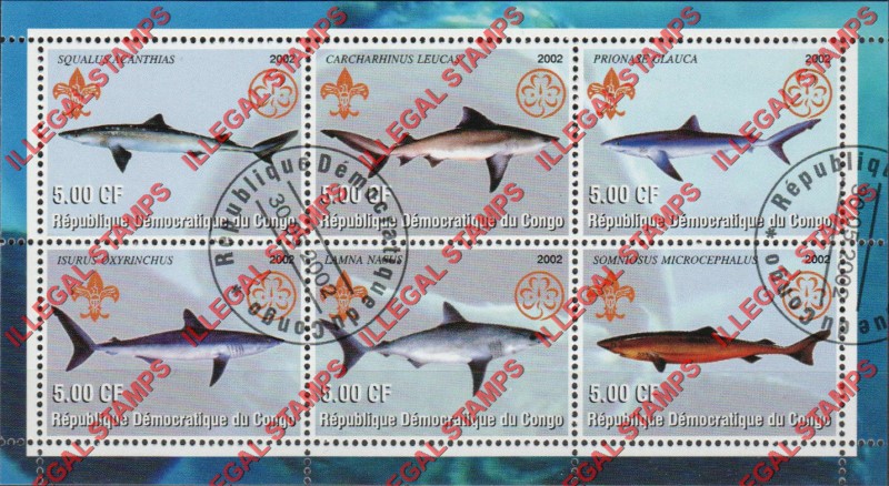 Congo Democratic Republic 2002 Sharks Illegal Stamp Souvenir Sheet of 6 Congo Democratic Republic 2002 Sharks Illegal Stamp Souvenir Sheet of 6
