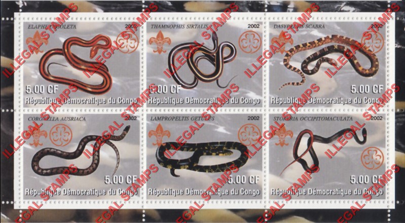 Congo Democratic Republic 2002 Snakes Illegal Stamp Souvenir Sheet of 6 Congo Democratic Republic 2002 Snakes Illegal Stamp Souvenir Sheet of 6