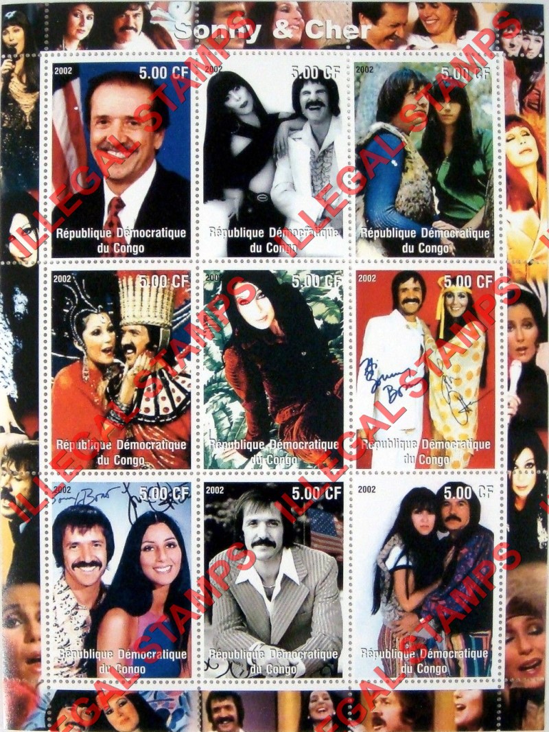 Congo Democratic Republic 2002 Sonny and Cher Illegal Stamp Sheet of 9 Congo Democratic Republic 2002 Sonny and Cher Illegal Stamp Sheet of 9