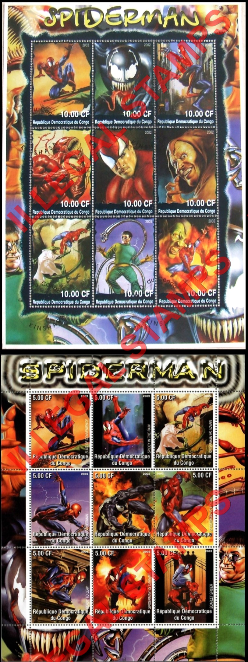 Congo Democratic Republic 2002 Spiderman Illegal Stamp Sheets of 9 Congo Democratic Republic 2002 Spiderman Illegal Stamp Sheets of 9