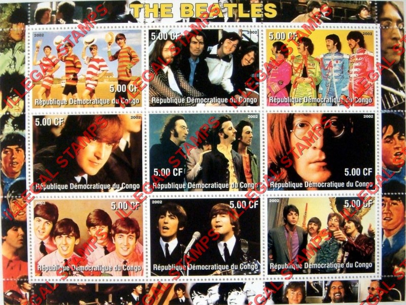 Congo Democratic Republic 2002 The Beatles Illegal Stamp Sheet of 9 Congo Democratic Republic 2002 The Beatles Illegal Stamp Sheet of 9