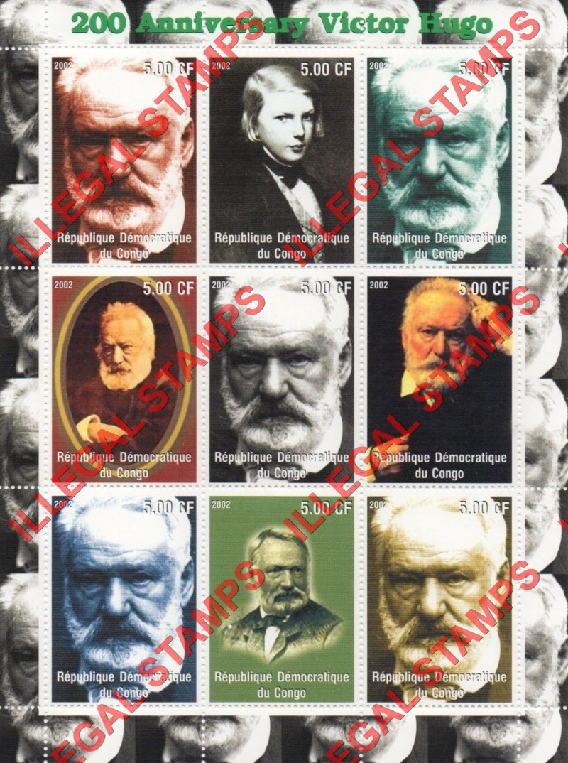 Congo Democratic Republic 2002 Victor Hugo Illegal Stamp Sheet of 9 Congo Democratic Republic 2002 Victor Hugo Illegal Stamp Sheet of 9