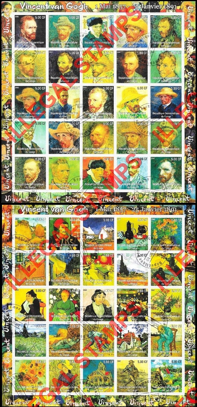 Congo Democratic Republic 2002 Vincent van Gogh Illegal Stamp Sheets of 20 Congo Democratic Republic 2002 Vincent van Gogh Illegal Stamp Sheets of 20