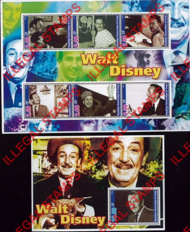 Congo Democratic Republic 2002 Walt Disney Illegal Stamp Souvenir Sheets of 6 and 1 Congo Democratic Republic 2002 Walt Disney Illegal Stamp Souvenir Sheets of 6 and 1