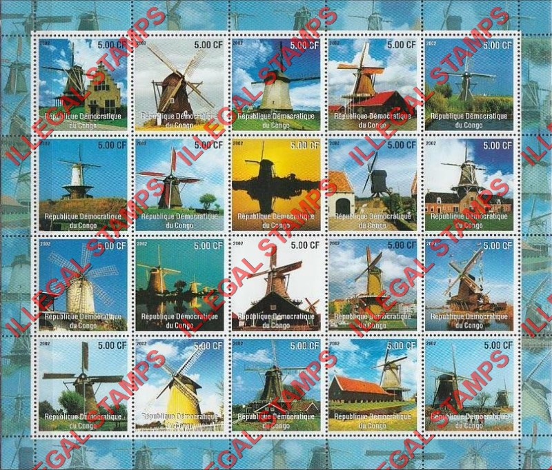 Congo Democratic Republic 2002 Windmills Illegal Stamp Sheet of 20 Congo Democratic Republic 2002 Windmills Illegal Stamp Sheet of 20