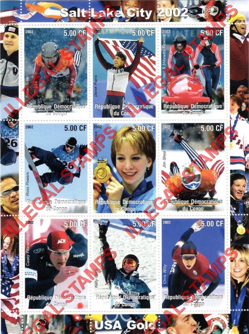 Congo Democratic Republic 2002 Winter Olympics Illegal Stamp Sheet of 9 Congo Democratic Republic 2002 Winter Olympics Illegal Stamp Sheet of 9