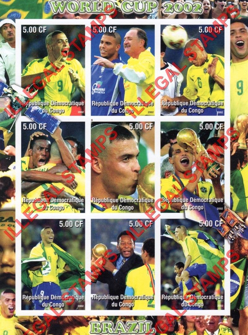 Congo Democratic Republic 2002 World Cup Soccer Brazil Champion Scolari Illegal Stamp Sheet of 9 Congo Democratic Republic 2002 World Cup Soccer Brazil Champion Scolari Illegal Stamp Sheet of 9