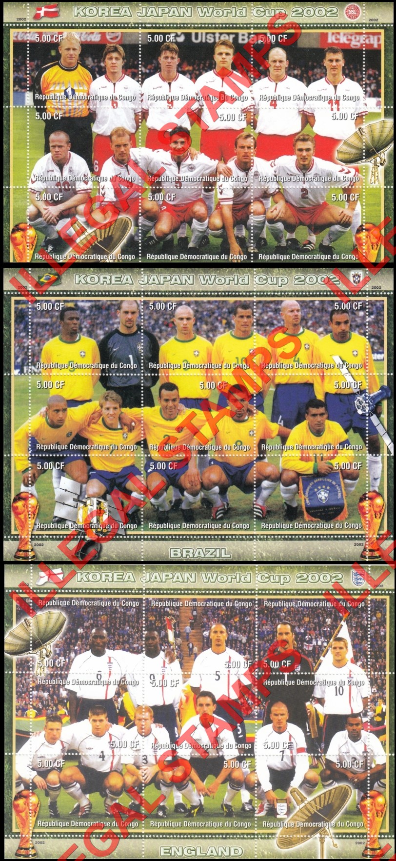 Congo Democratic Republic 2002 World Cup Soccer Teams Illegal Stamp Sheets of 9 (Part 1) Congo Democratic Republic 2002 World Cup Soccer Teams Illegal Stamp Sheets of 9 (Part 1)