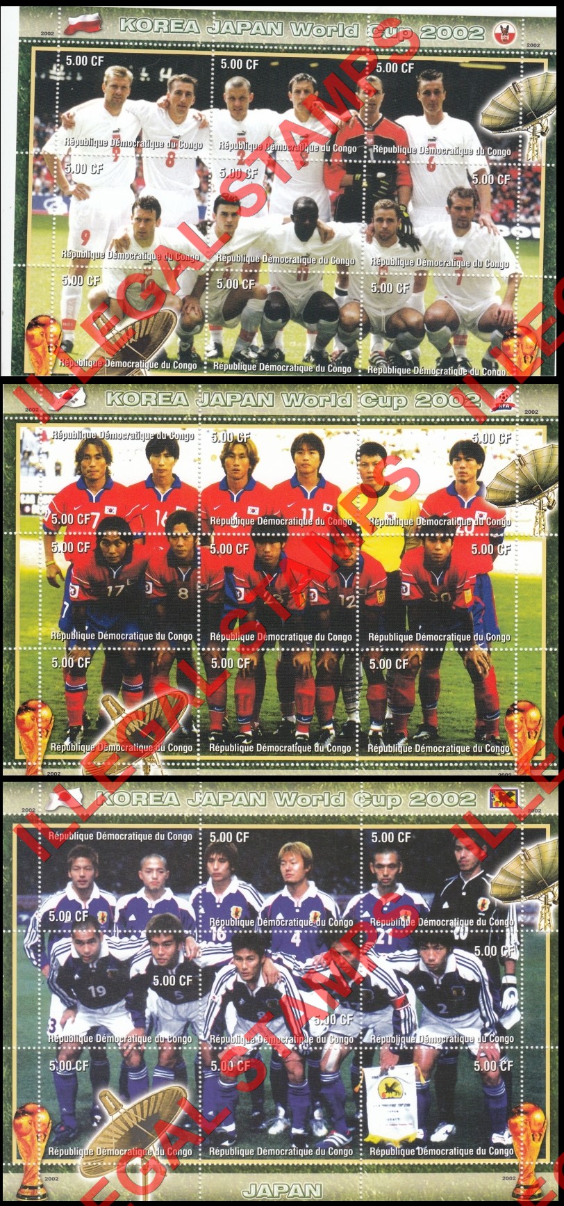 Congo Democratic Republic 2002 World Cup Soccer Teams Illegal Stamp Sheets of 9 (Part 4) Congo Democratic Republic 2002 World Cup Soccer Teams Illegal Stamp Sheets of 9 (Part 4)