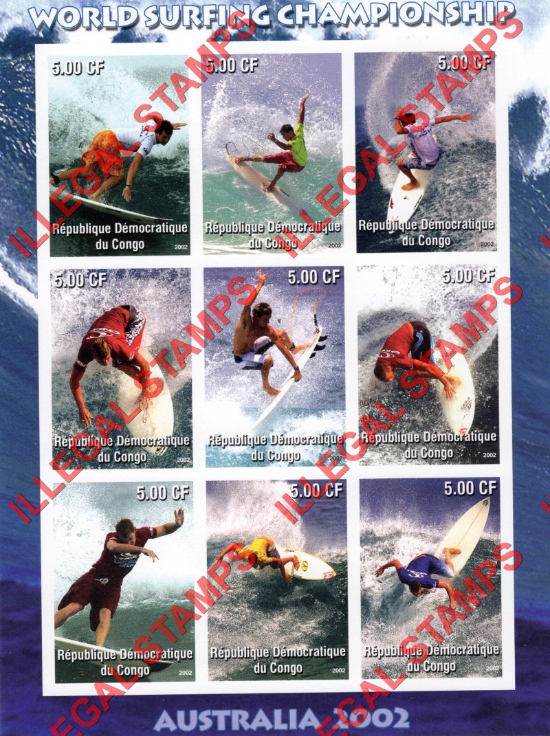 Congo Democratic Republic 2002 World Surfing Championship Illegal Stamp Sheet of 9 Congo Democratic Republic 2002 World Surfing Championship Illegal Stamp Sheet of 9