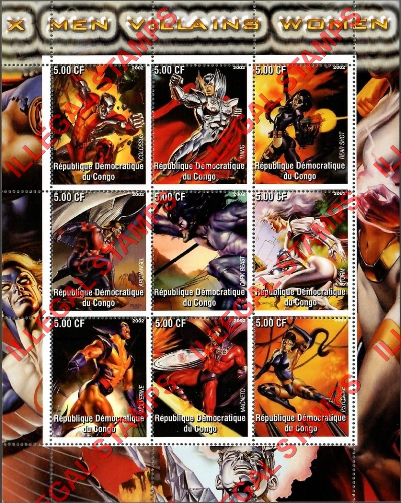 Congo Democratic Republic 2002 X-Men Villains and Women Illegal Stamp Sheet of 9 Congo Democratic Republic 2002 X-Men Villains and Women Illegal Stamp Sheet of 9