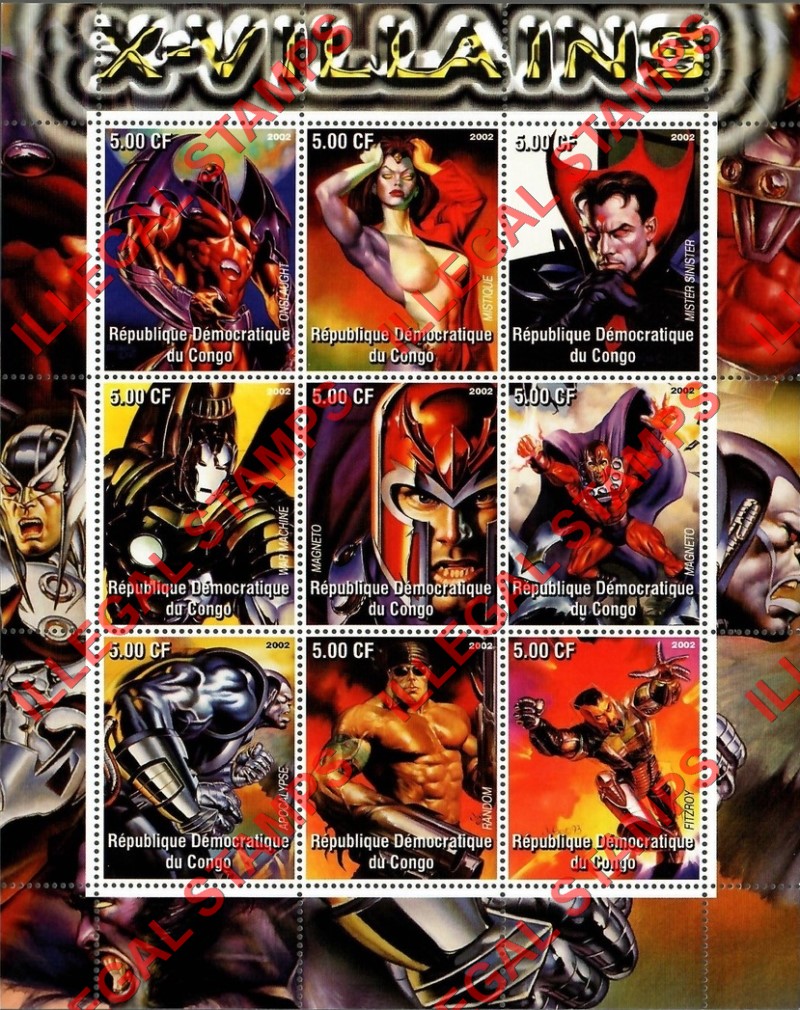 Congo Democratic Republic 2002 X-Villains Illegal Stamp Sheet of 9 Congo Democratic Republic 2002 X-Villains Illegal Stamp Sheet of 9