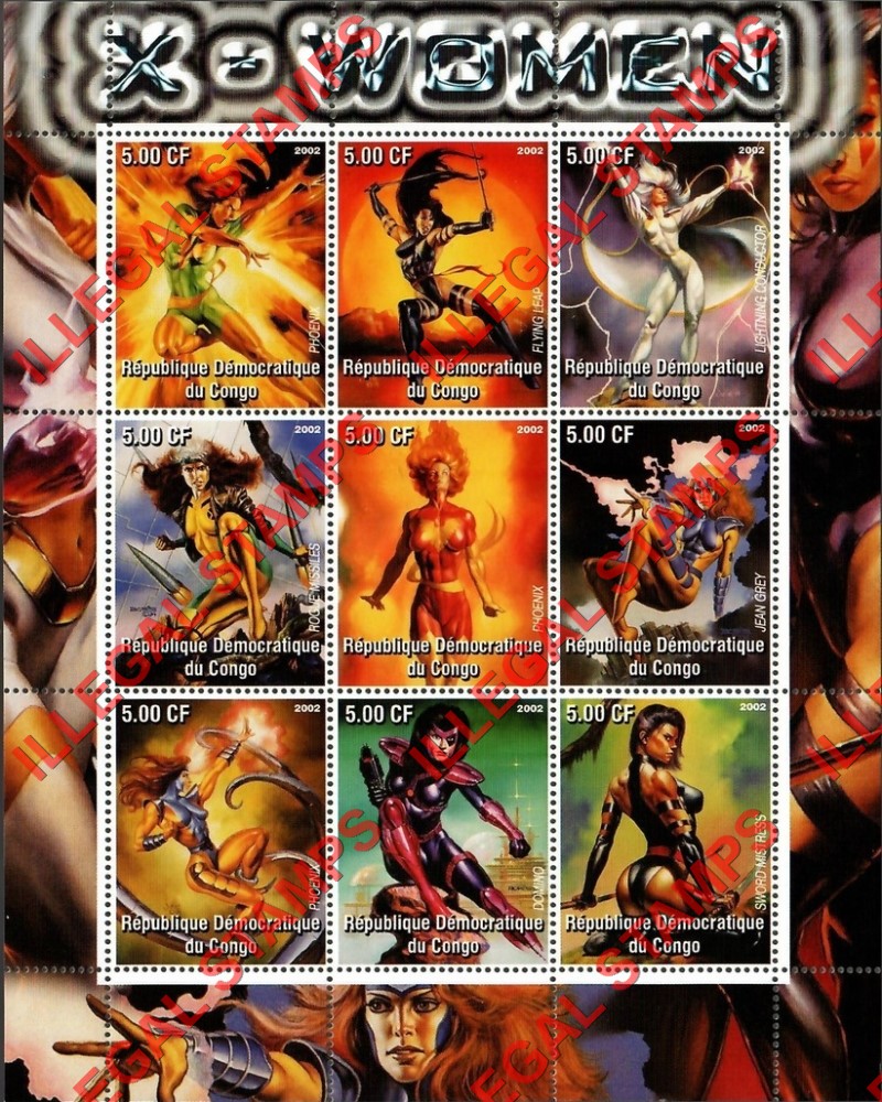 Congo Democratic Republic 2002 X-Women Illegal Stamp Sheet of 9 Congo Democratic Republic 2002 X-Women Illegal Stamp Sheet of 9
