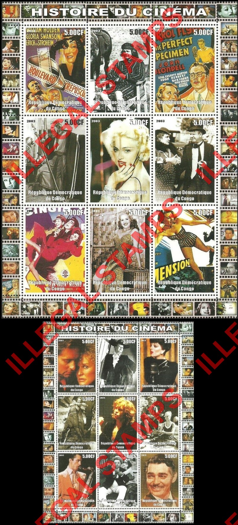 Congo Democratic Republic 2003 History of Cinema Illegal Stamp Sheets of 9 (Part 3)