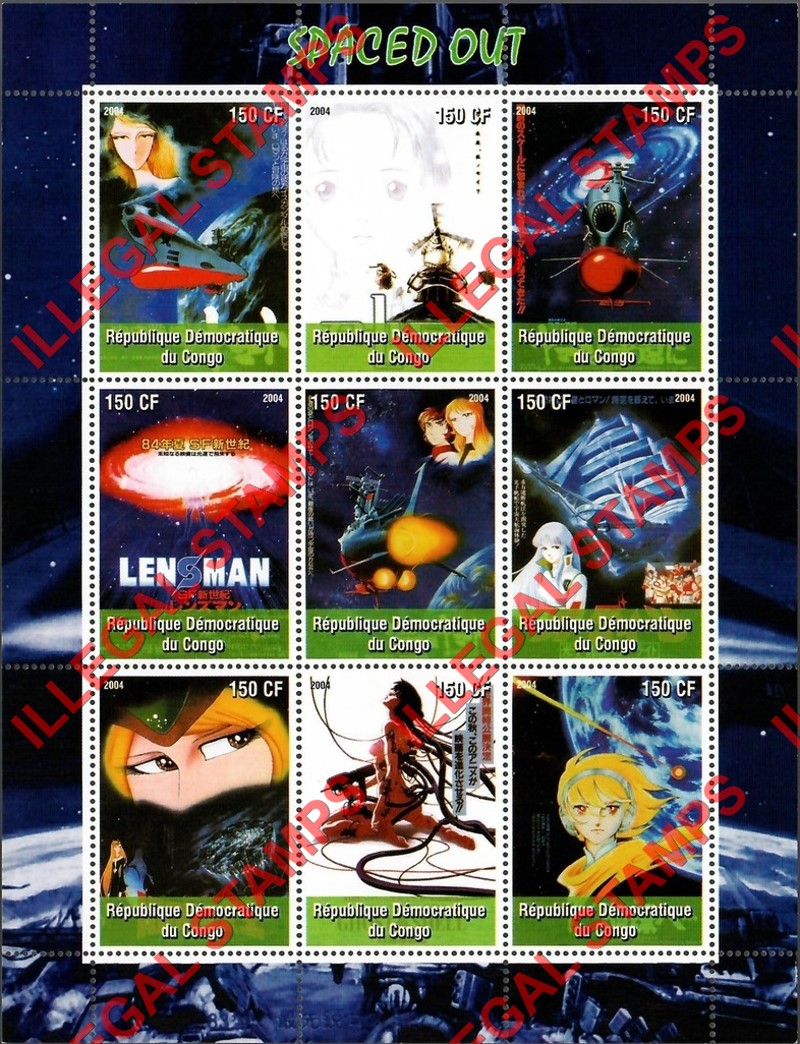 Congo Democratic Republic 2004 Anime Spaced Out Illegal Stamp Sheet of 9 Congo Democratic Republic 2004 Anime Spaced Out Illegal Stamp Sheet of 9