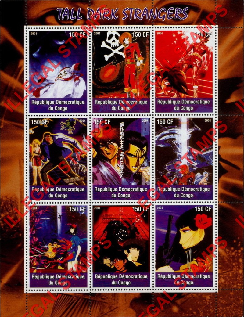 Congo Democratic Republic 2004 Anime Tall Dark Strangers Illegal Stamp Sheet of 9 Congo Democratic Republic 2004 Anime Tall Dark Strangers Illegal Stamp Sheet of 9