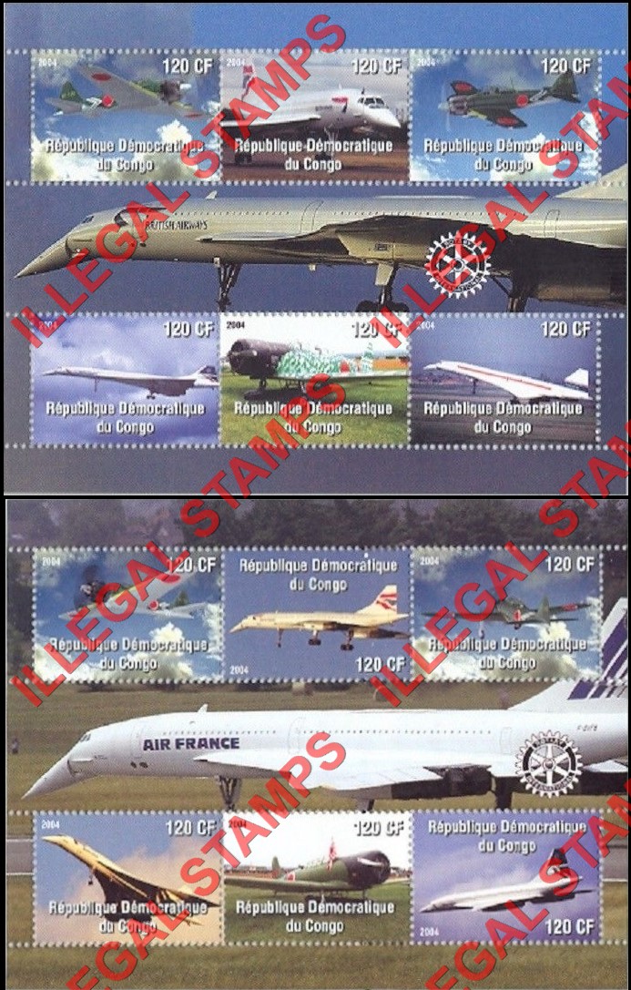 Congo Democratic Republic 2004 Concorde and Fighter Planes Illegal Stamp Souvenir Sheets of 6 Congo Democratic Republic 2004 Concorde and Fighter Planes Illegal Stamp Souvenir Sheets of 6
