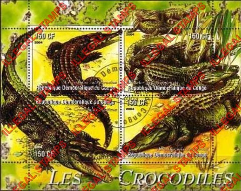 Congo Democratic Republic 2004 Crocodiles Illegal Stamp Souvenir Sheet of 4 Congo Democratic Republic 2004 Crocodiles Illegal Stamp Souvenir Sheet of 4