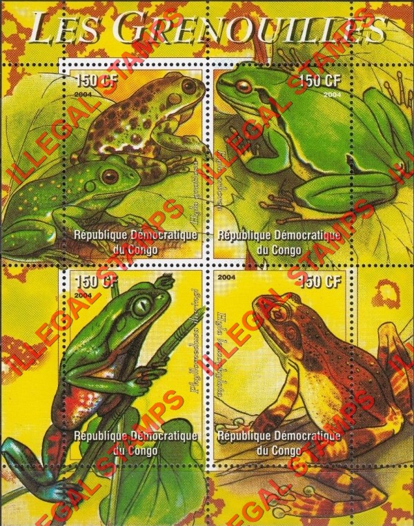 Congo Democratic Republic 2004 Frogs Illegal Stamp Souvenir Sheet of 4 Congo Democratic Republic 2004 Frogs Illegal Stamp Souvenir Sheet of 4