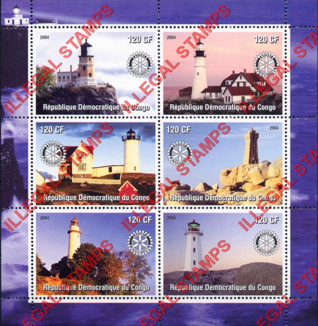 Congo Democratic Republic 2004 Lighthouses Illegal Stamp Souvenir Sheet of 6 Congo Democratic Republic 2004 Lighthouses Illegal Stamp Souvenir Sheet of 6